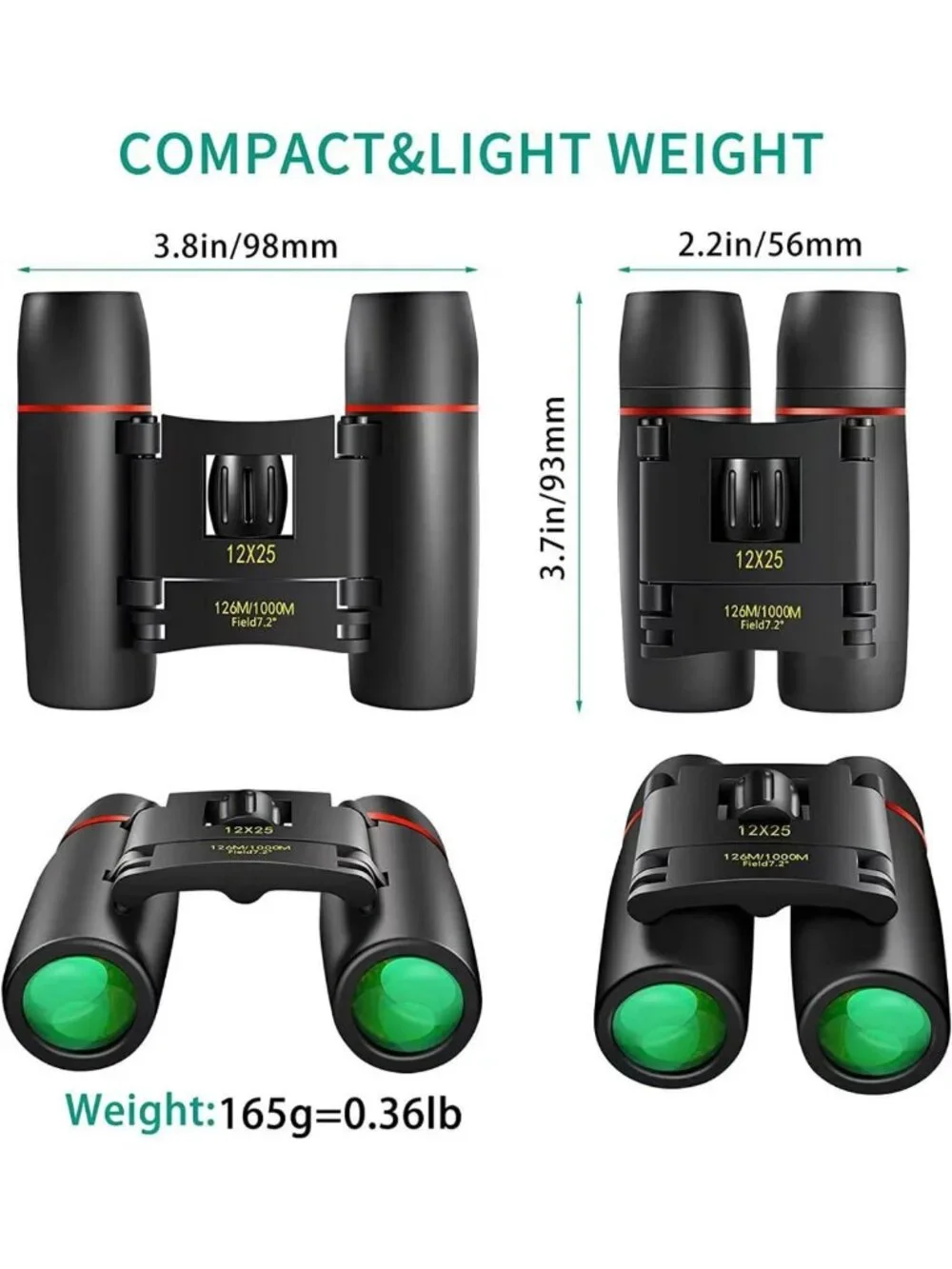 Compact 12x25 Small Pocket Binoculars for Adults - Lightweight, Travel-Friendly